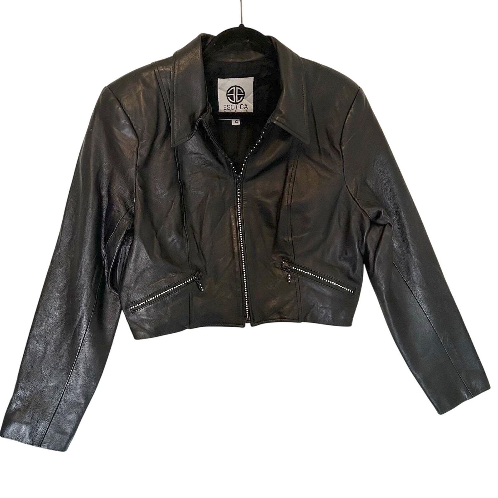 Esotica Pelle Women's Sz 12 Black Rhinestone Zipper Leather Jacket Vintage 90s